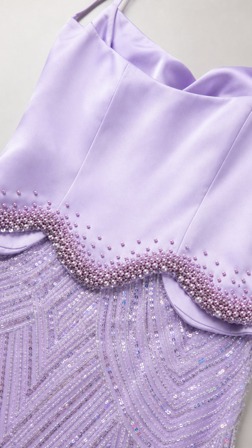 Close-up detail of beaded peplum and satin bodice in Lavender