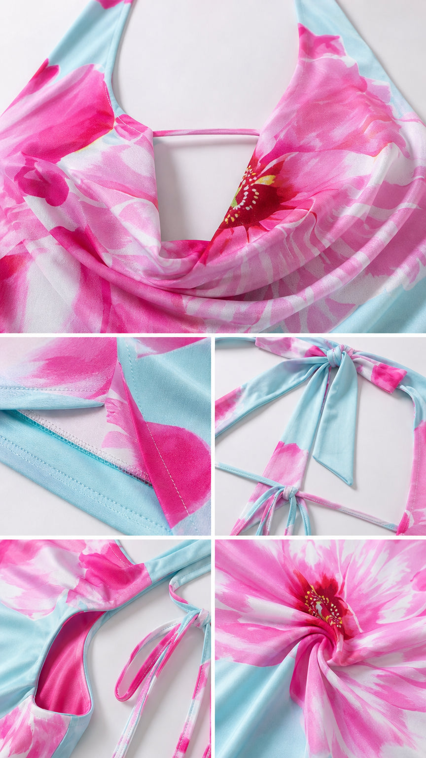 Close-up details of cowl neck, straps, and floral fabric