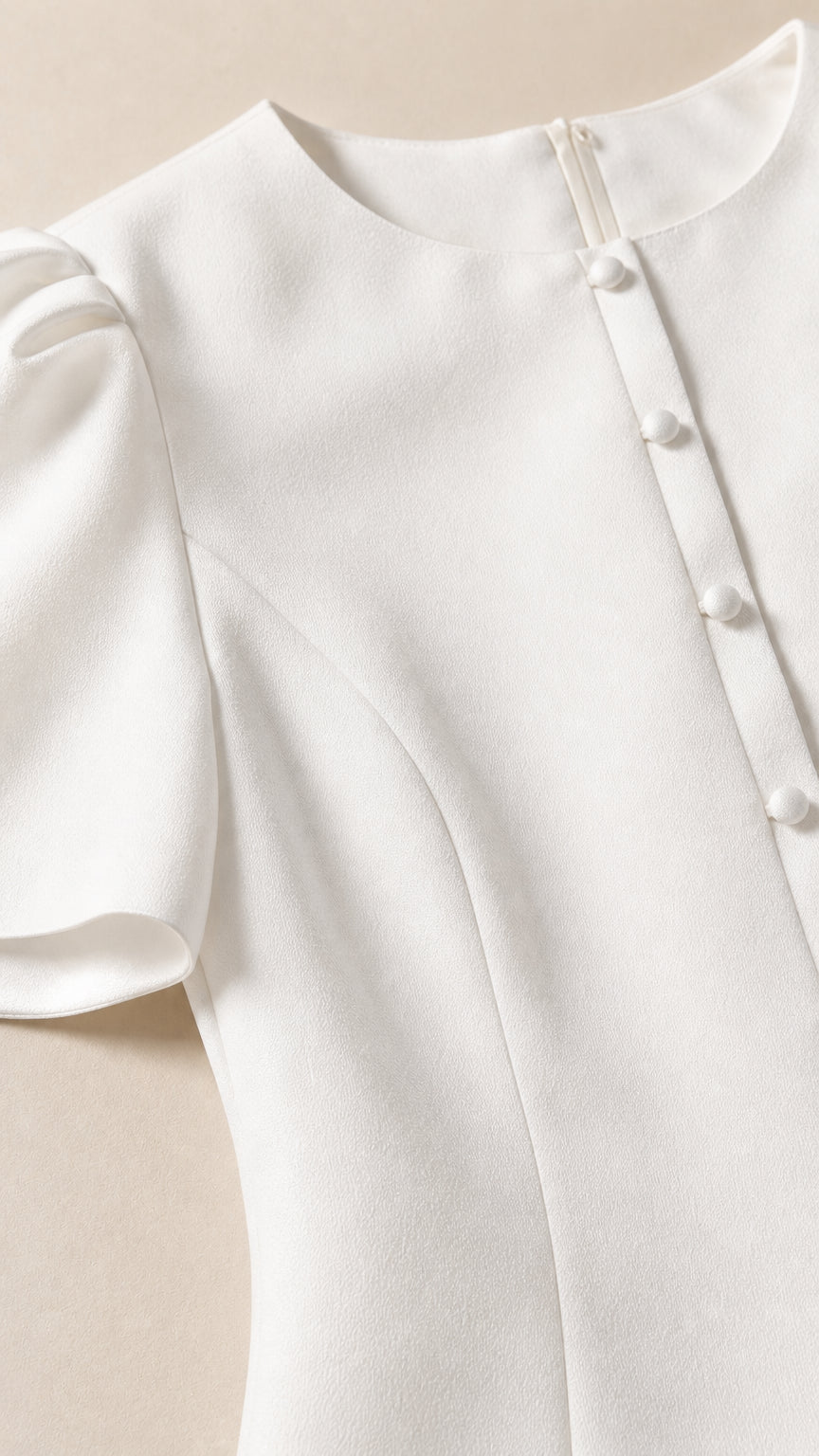 Close-up detail of white top showcasing buttons and sleeve