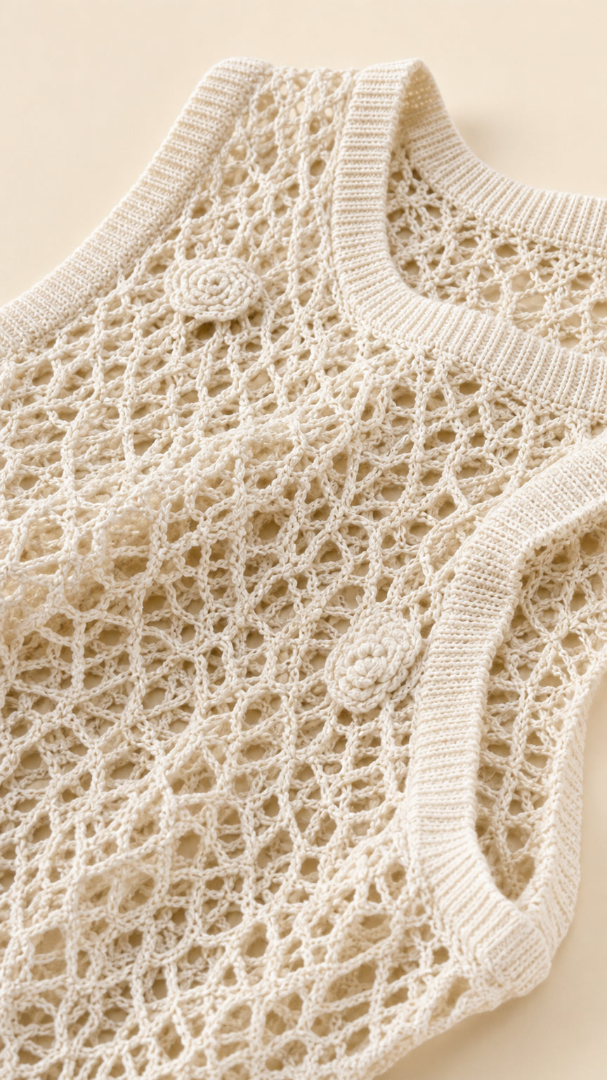 Close-up detail of beige crochet knit texture and neckline