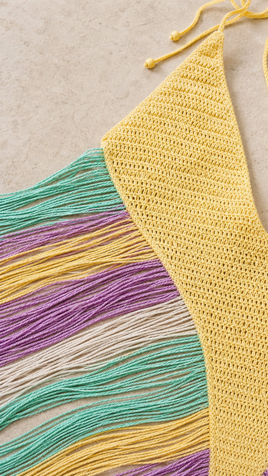 Close-up detail of yellow knit bodice and multicolored fringe