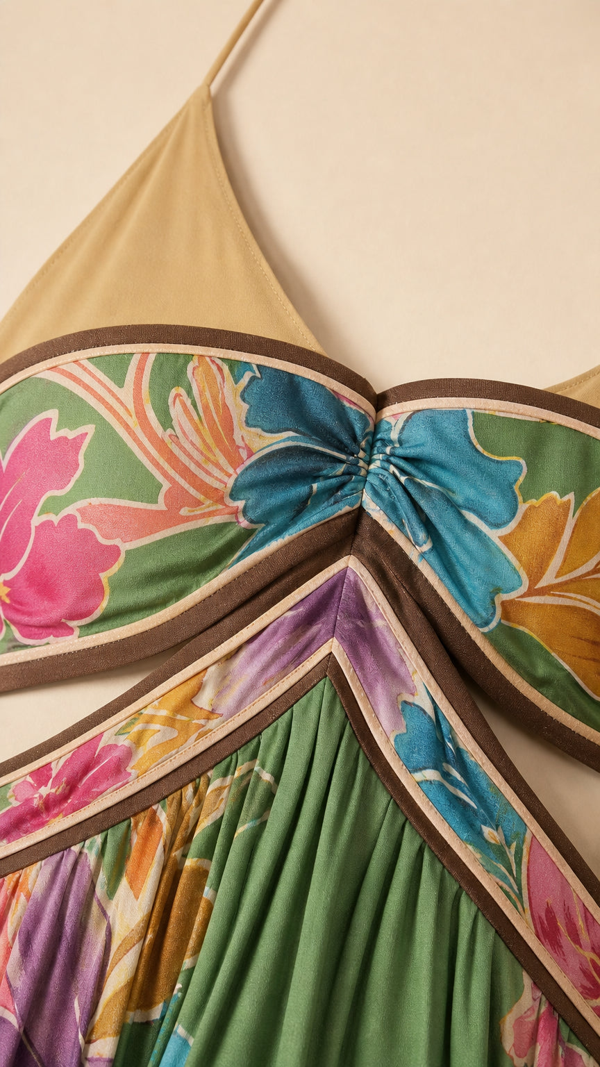 Close-up detail of bodice and floral print