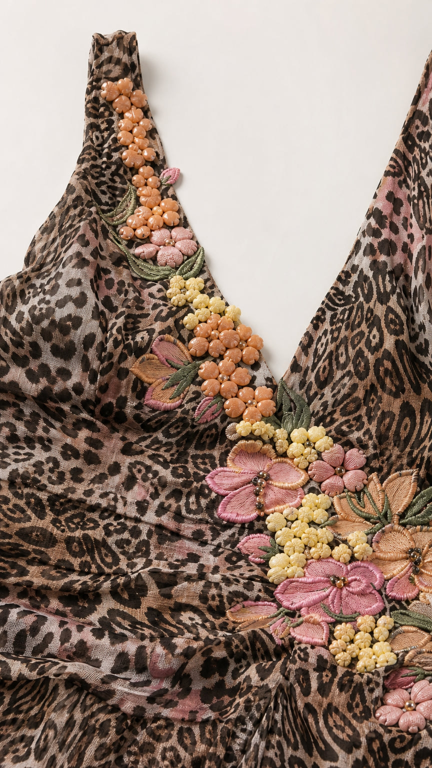 Close-up detail of 3D floral embroidery and V-neckline