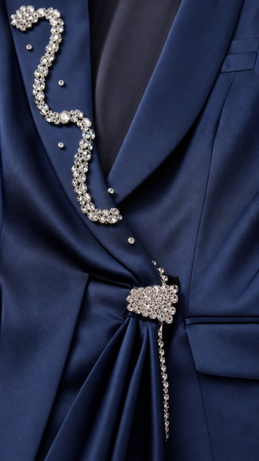Close-up detail of rhinestone lapel and crystal brooch on navy blazer