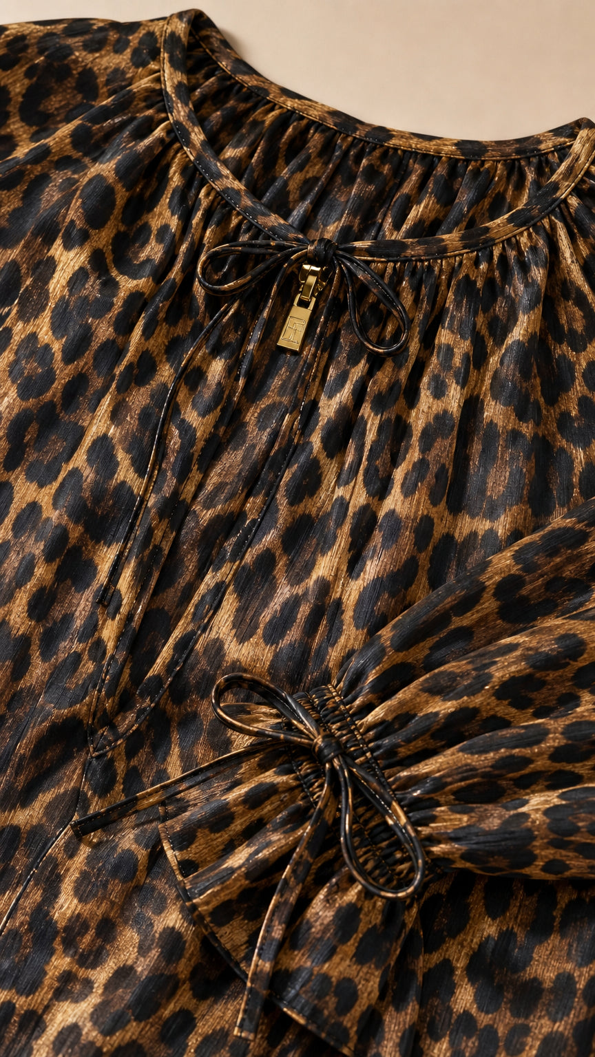 Close up of neckline tie and fabric detail of leopard print dress