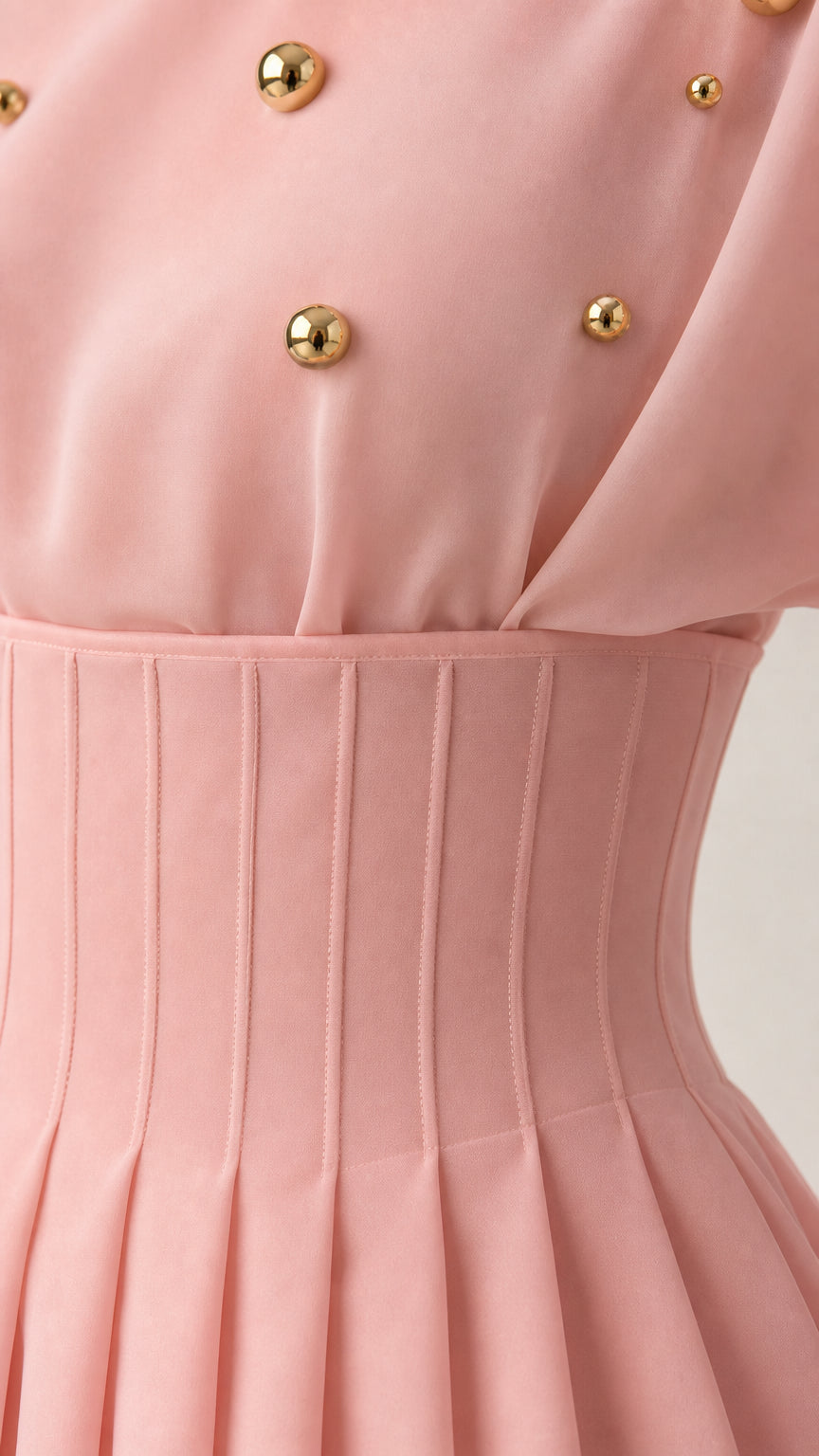 Close-up of gold-tone bead embellishments and paneled waist
