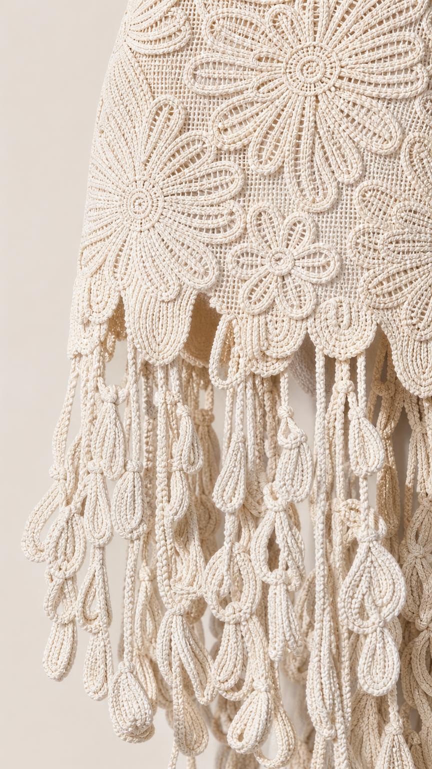 Close-up detail of floral crochet lace pattern and fringe hem