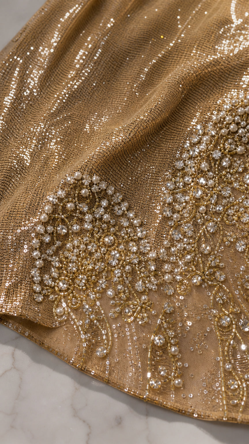Close-up detail of gold sequin and beaded embroidery on dress hem