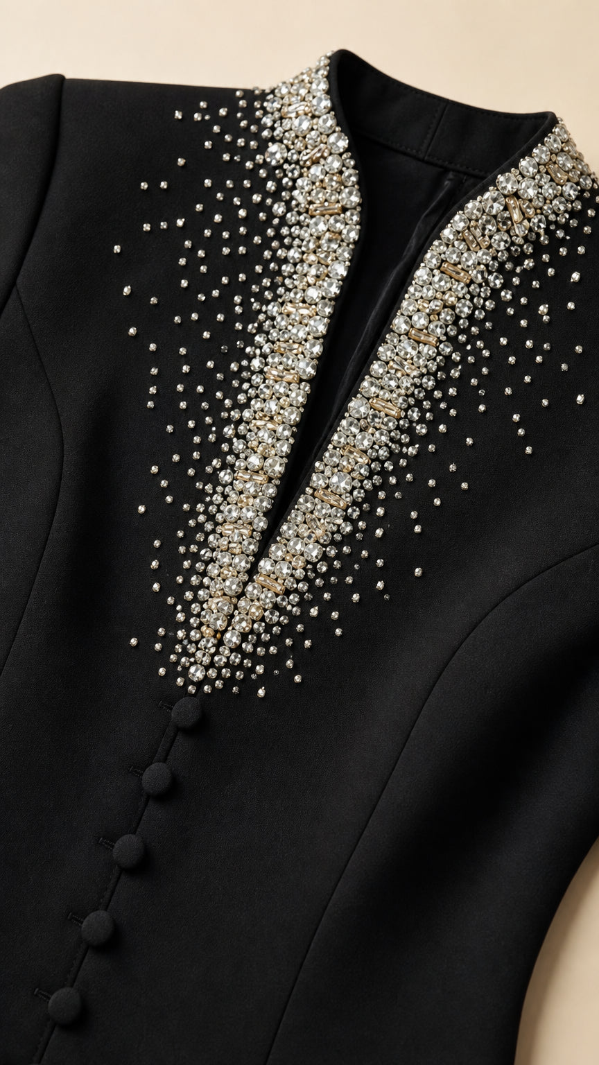 Close-up detail of crystal and bead embellished neckline and buttons