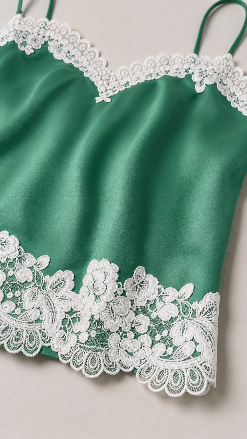 Close-up of green satin fabric and white lace trim detail