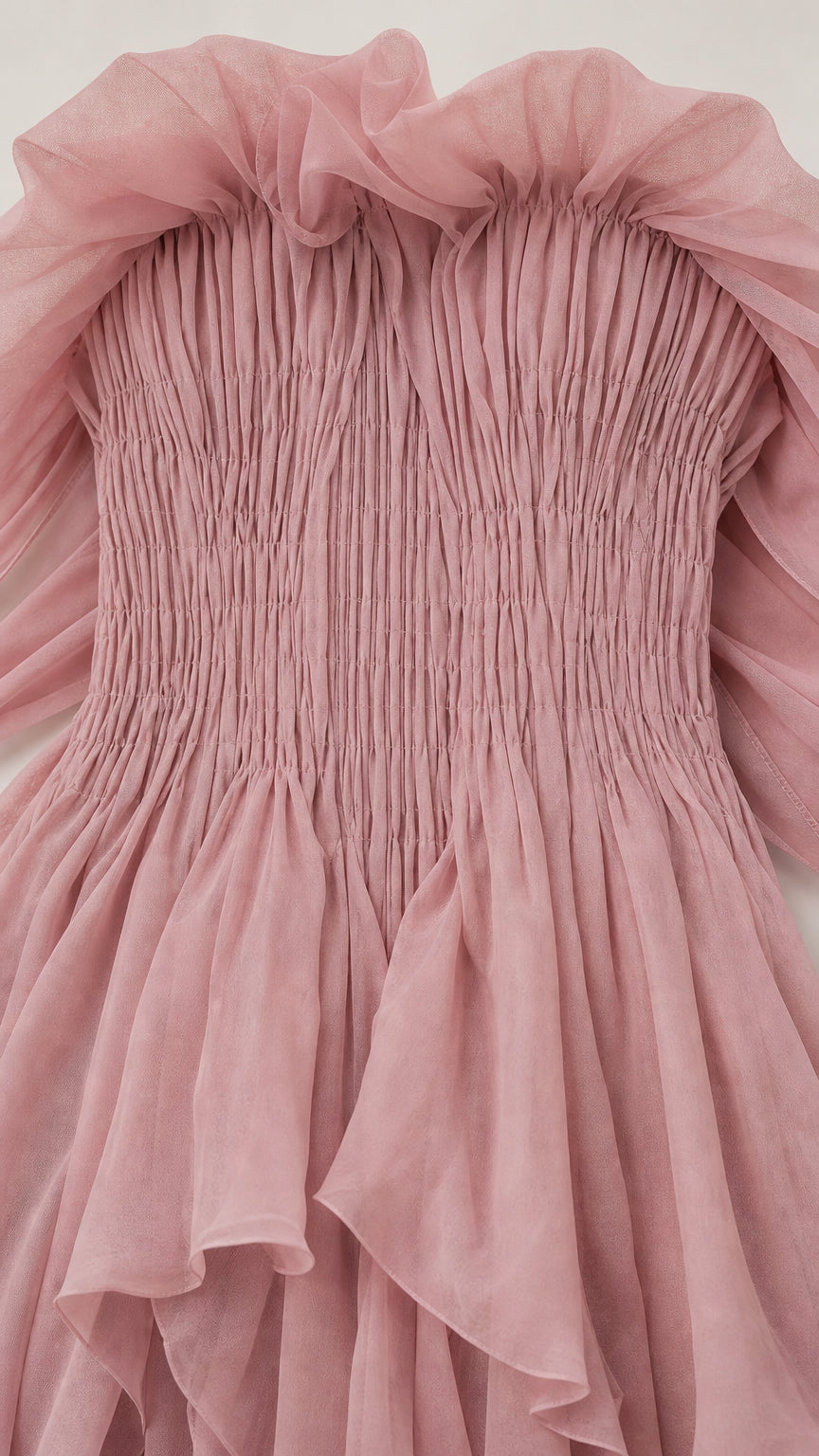 Close-up detail of smocked bodice and ruffled neckline