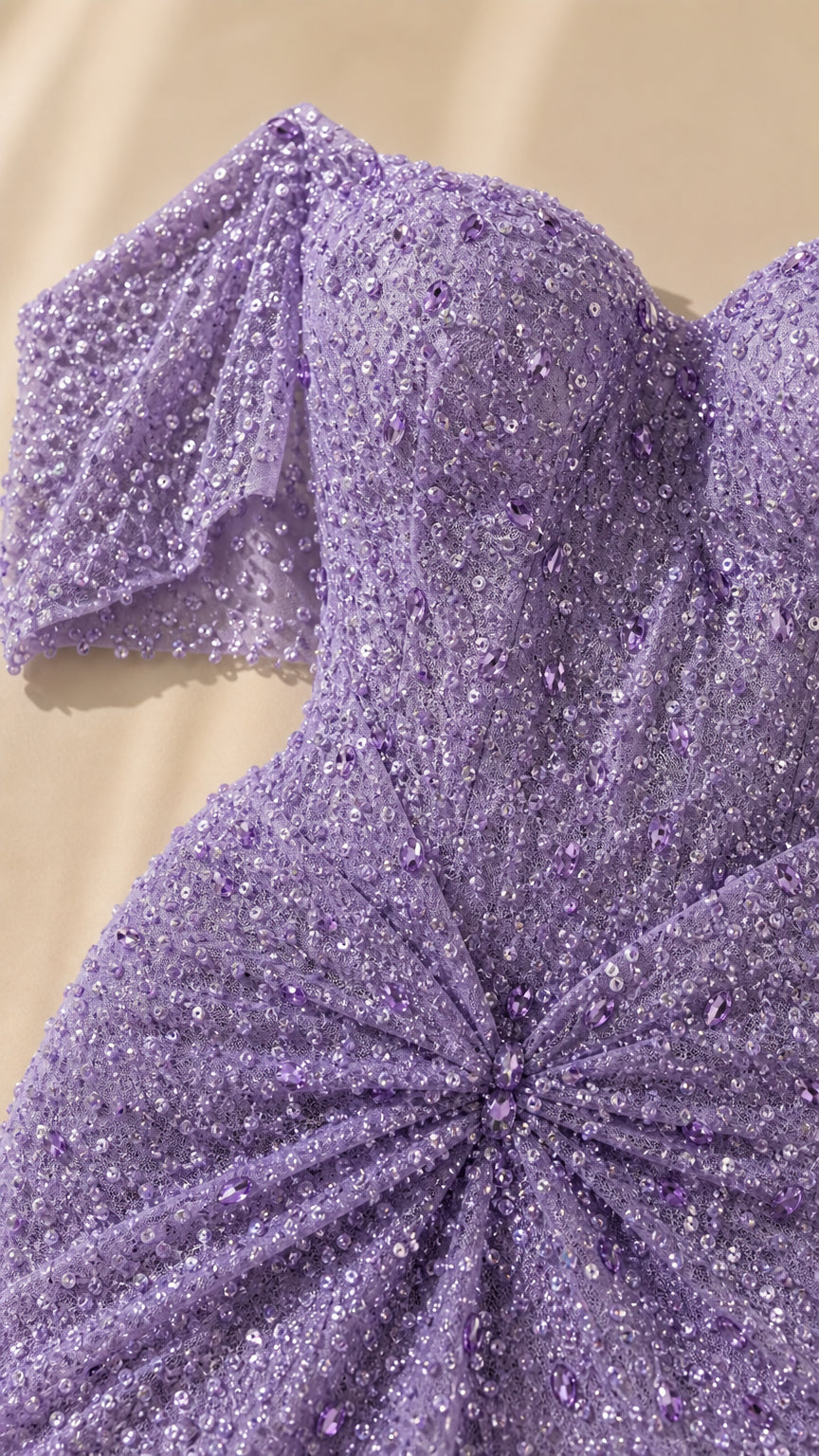 Close-up detail of the beaded bodice and sweetheart neckline