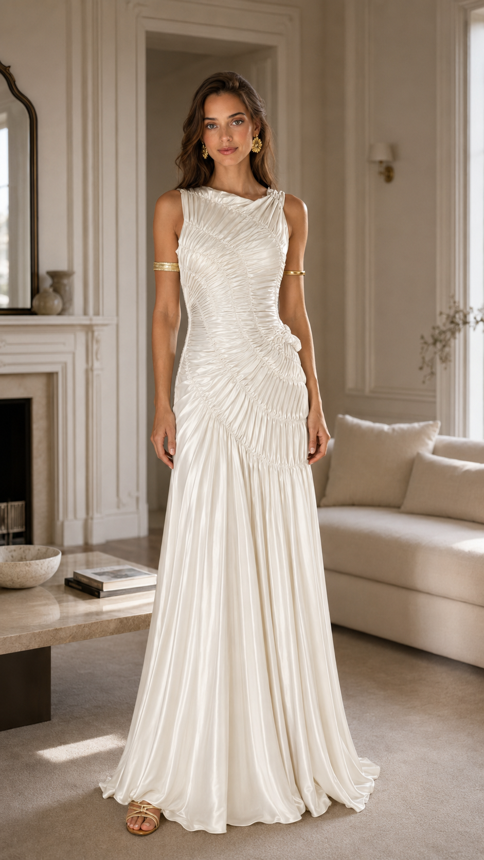Front view of white ruched sleeveless satin-look mermaid maxi evening gown