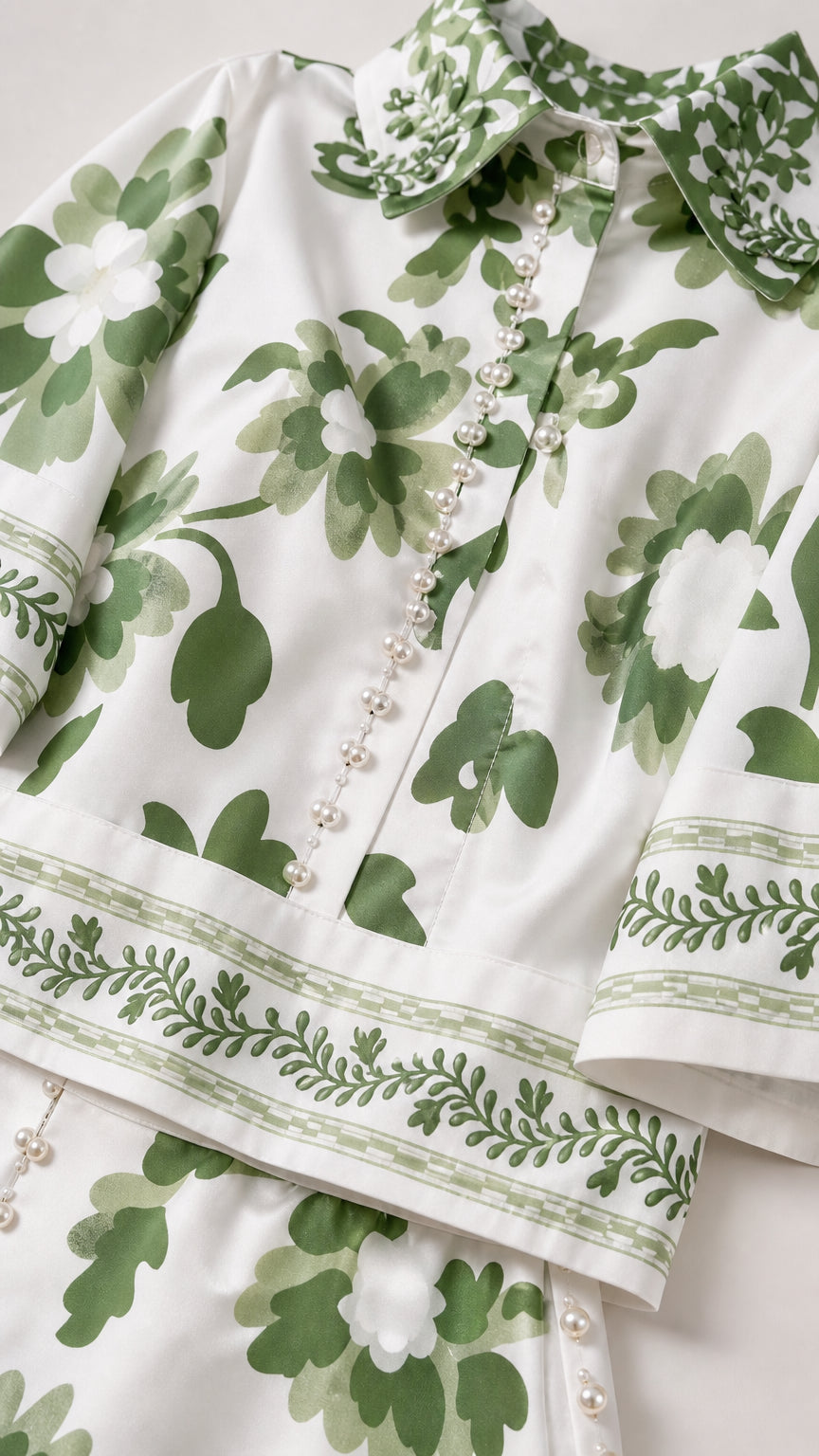 Close up of shirt collar and button details on white floral set