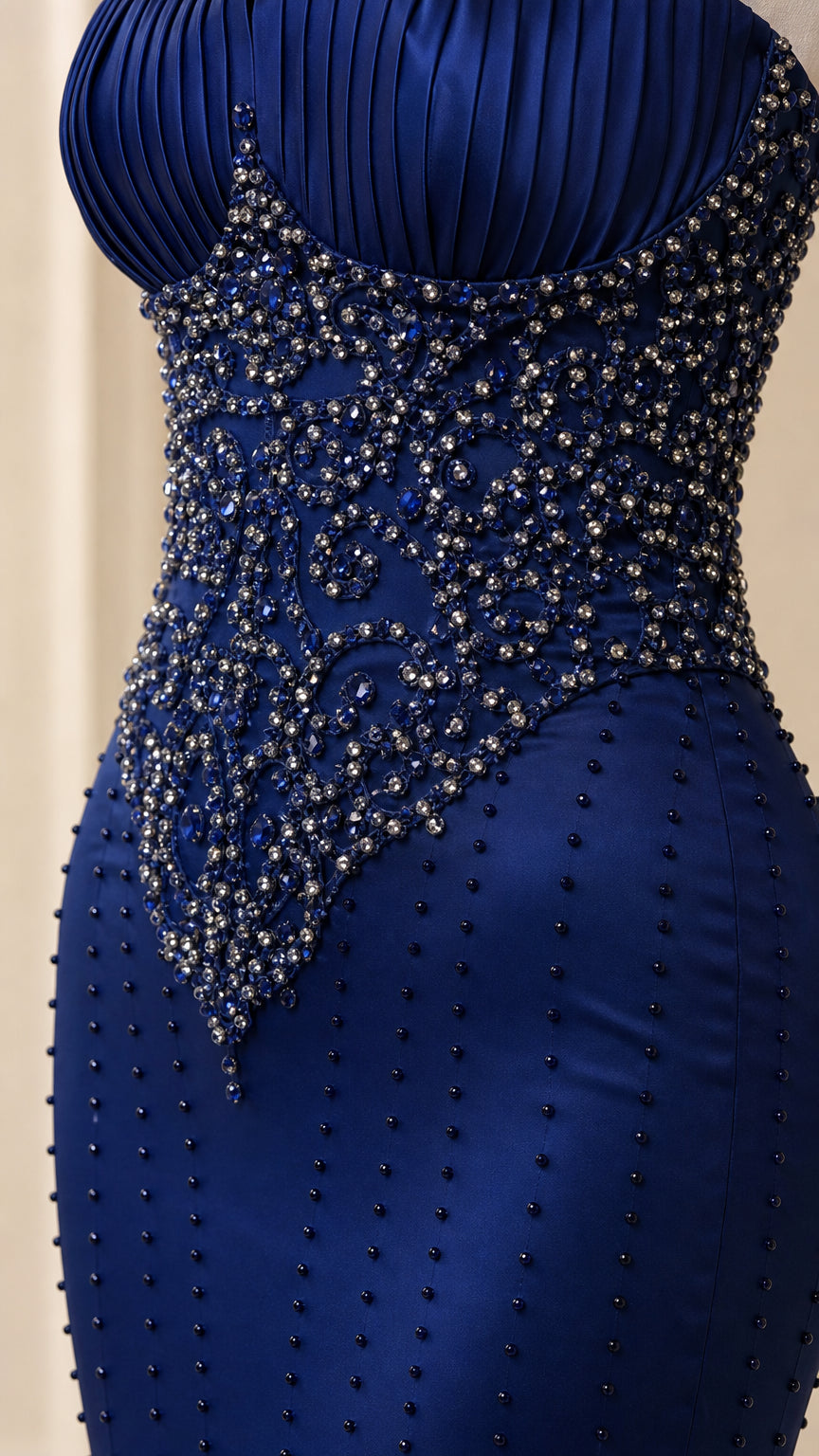Close up of rhinestone and bead bodice detailing