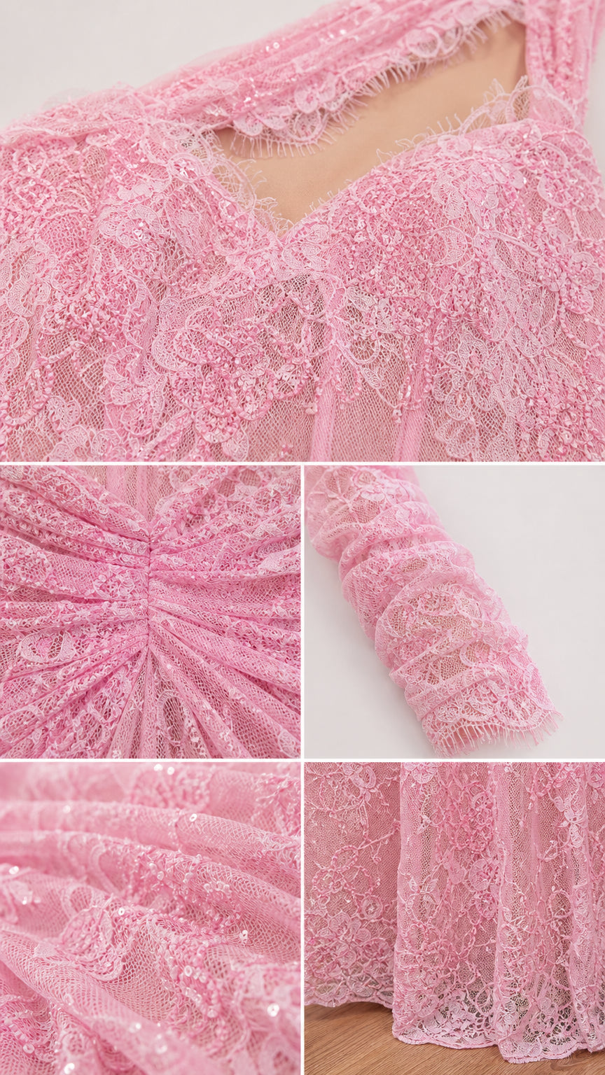Close-up details of lace pattern, ruching, and sleeve texture