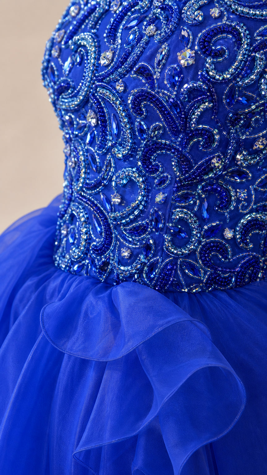Close-up detail of intricate beading and sequins on bodice