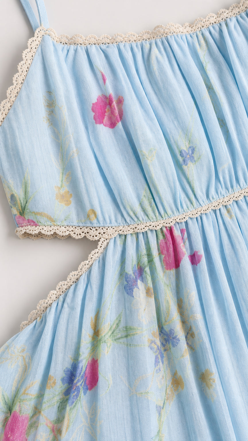Close-up of lace trim and floral fabric pattern on light blue dress