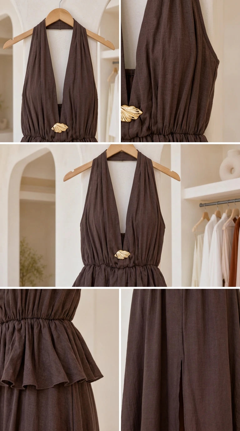 Close-up details of dark brown dress including neckline, peplum waist, and slit