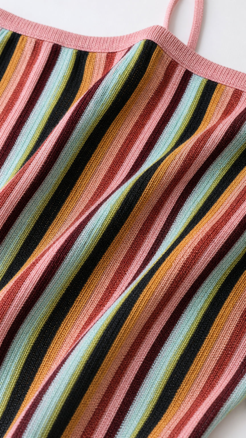 Close-up detail of multi-color striped knit fabric and strap