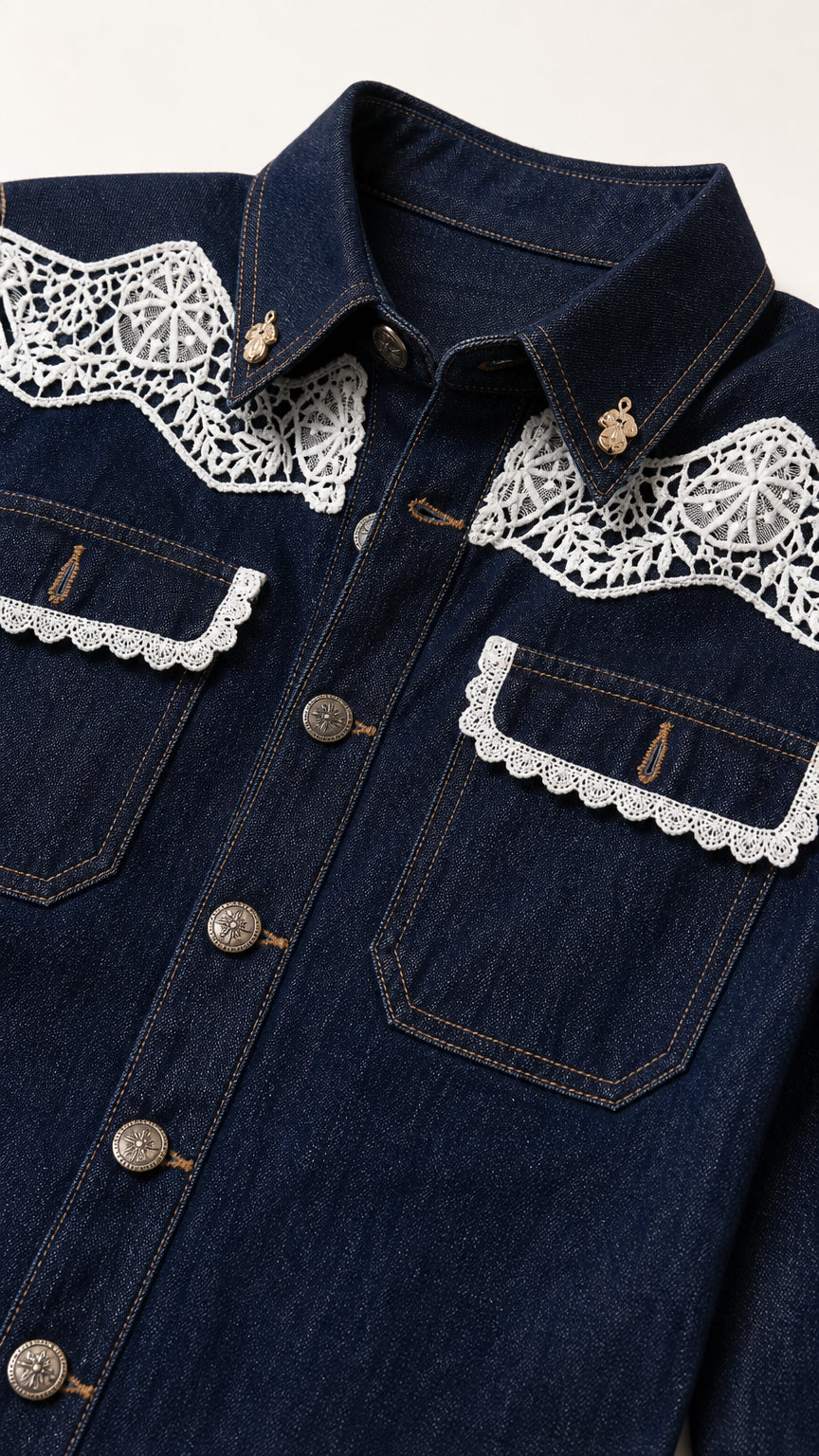 Close-up of front collar, button placket, and lace shoulder details