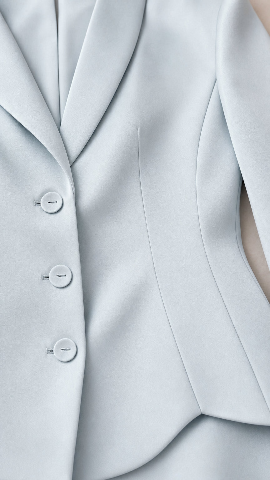 Close-up detail of blazer lapel and buttons