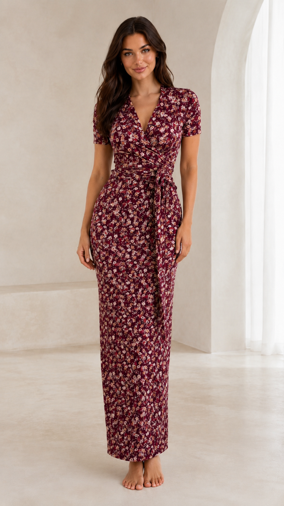 Front view of burgundy floral short sleeve wrap maxi dress