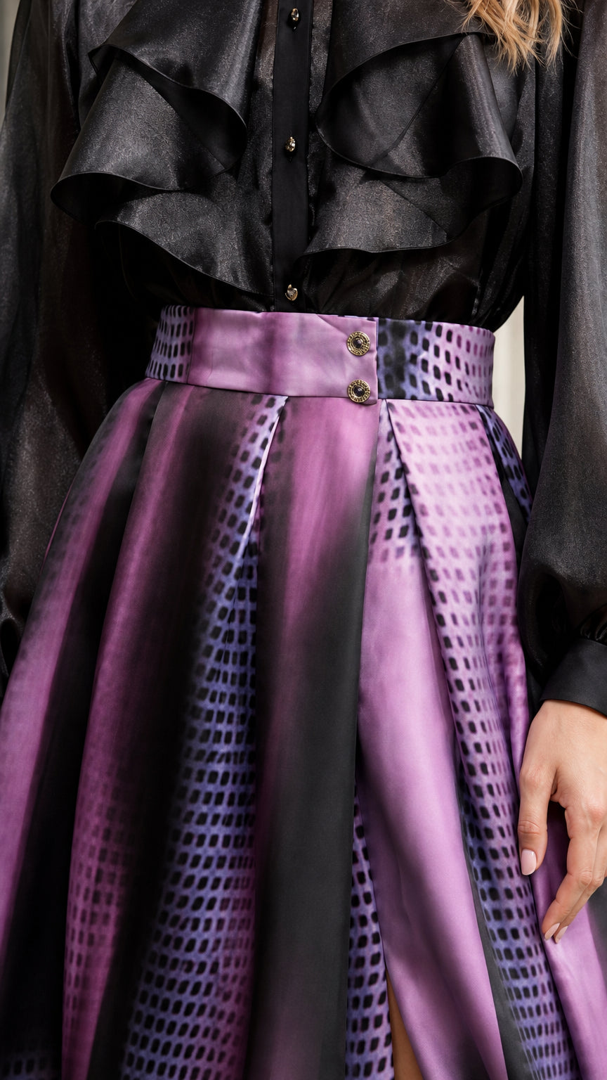 Close up of black ruffle blouse and patterned high waist skirt