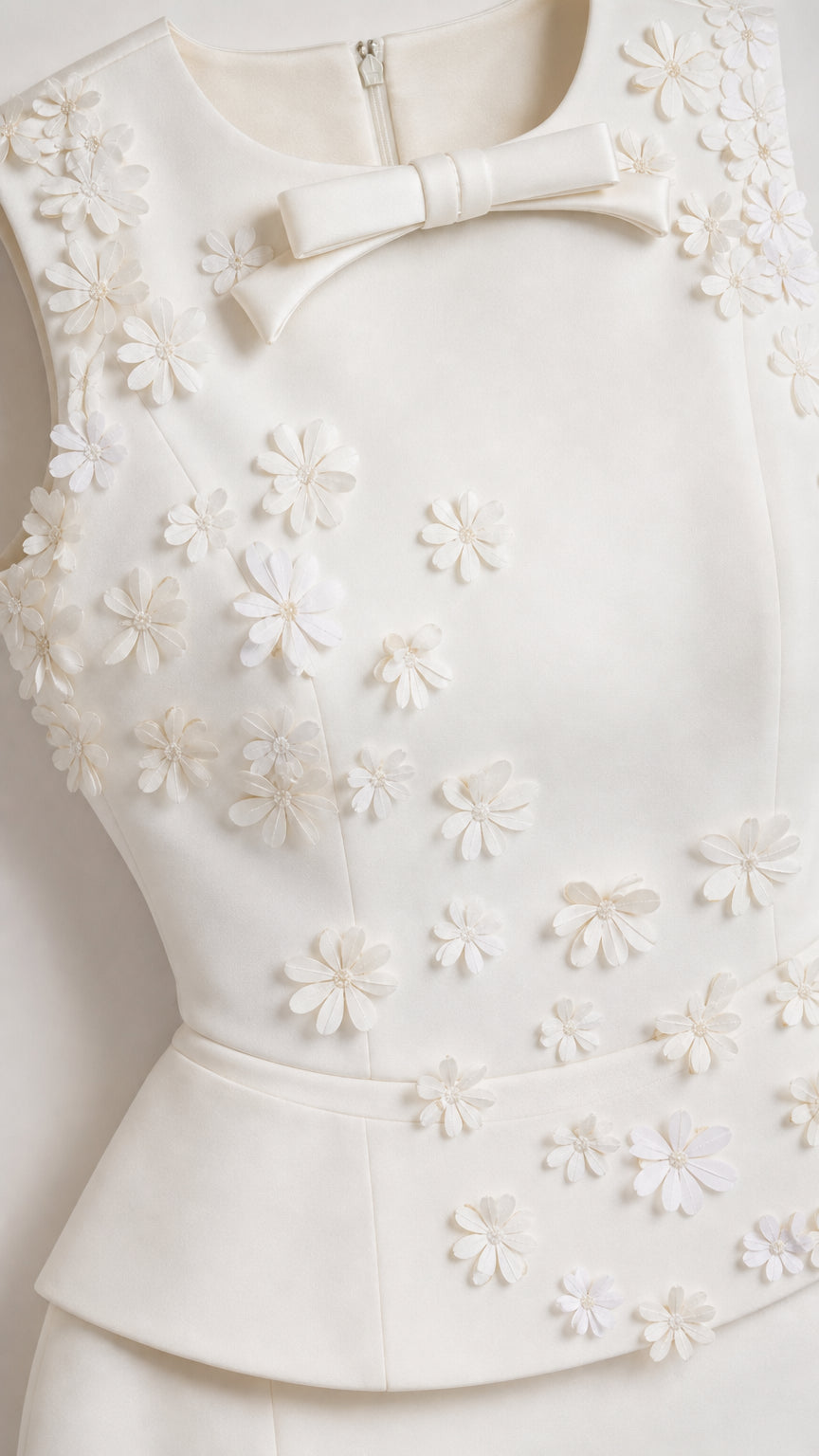 Close-up of shoulder bow and 3D floral appliques on bodice