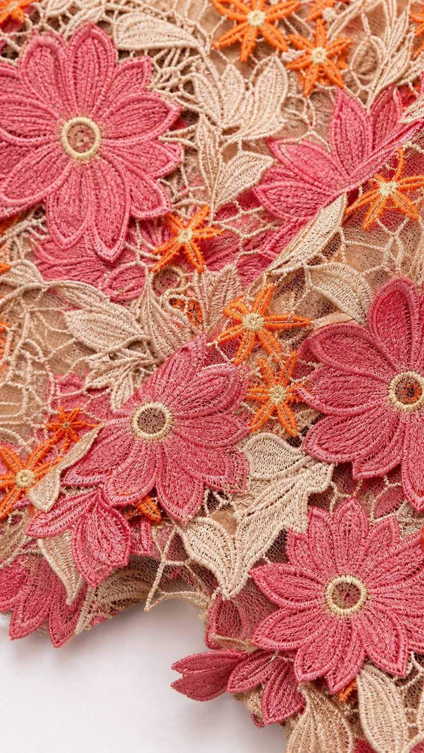 Close-up detail of pink and orange floral lace fabric