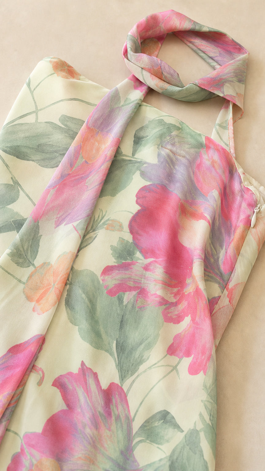 Close-up fabric and scarf detail of floral maxi dress