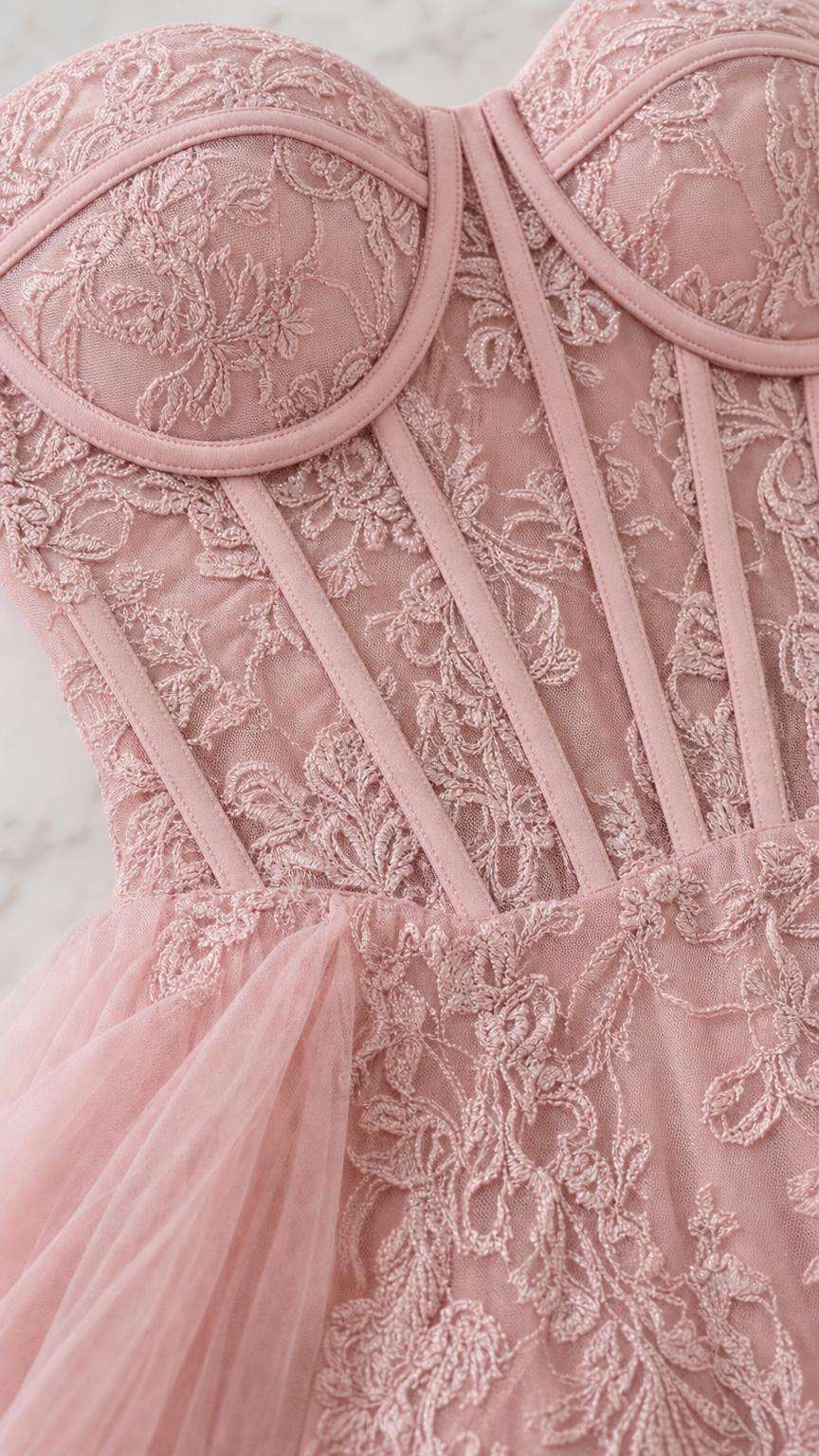 Close up of structured lace corset bodice and boning details