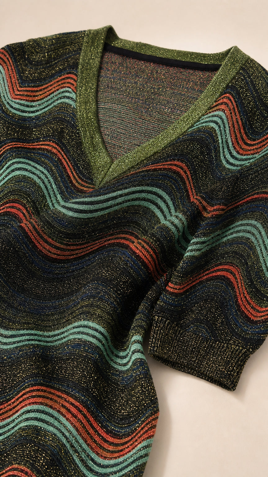Close-up of V-neck and metallic wave stripe knit texture