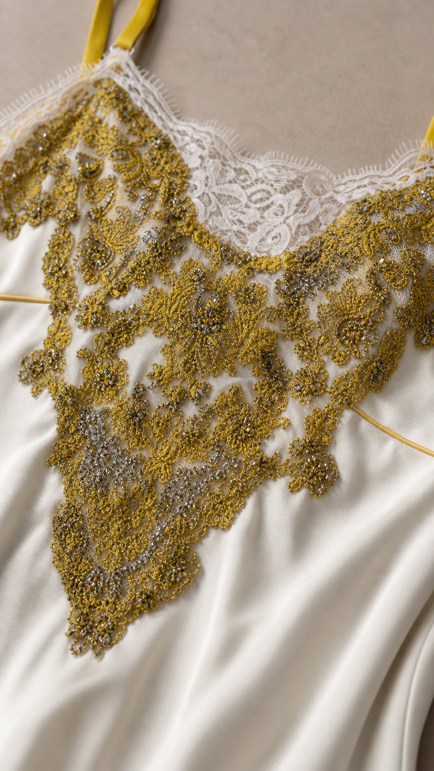 Close-up detail of white lace and gold bead embroidery on dress bodice