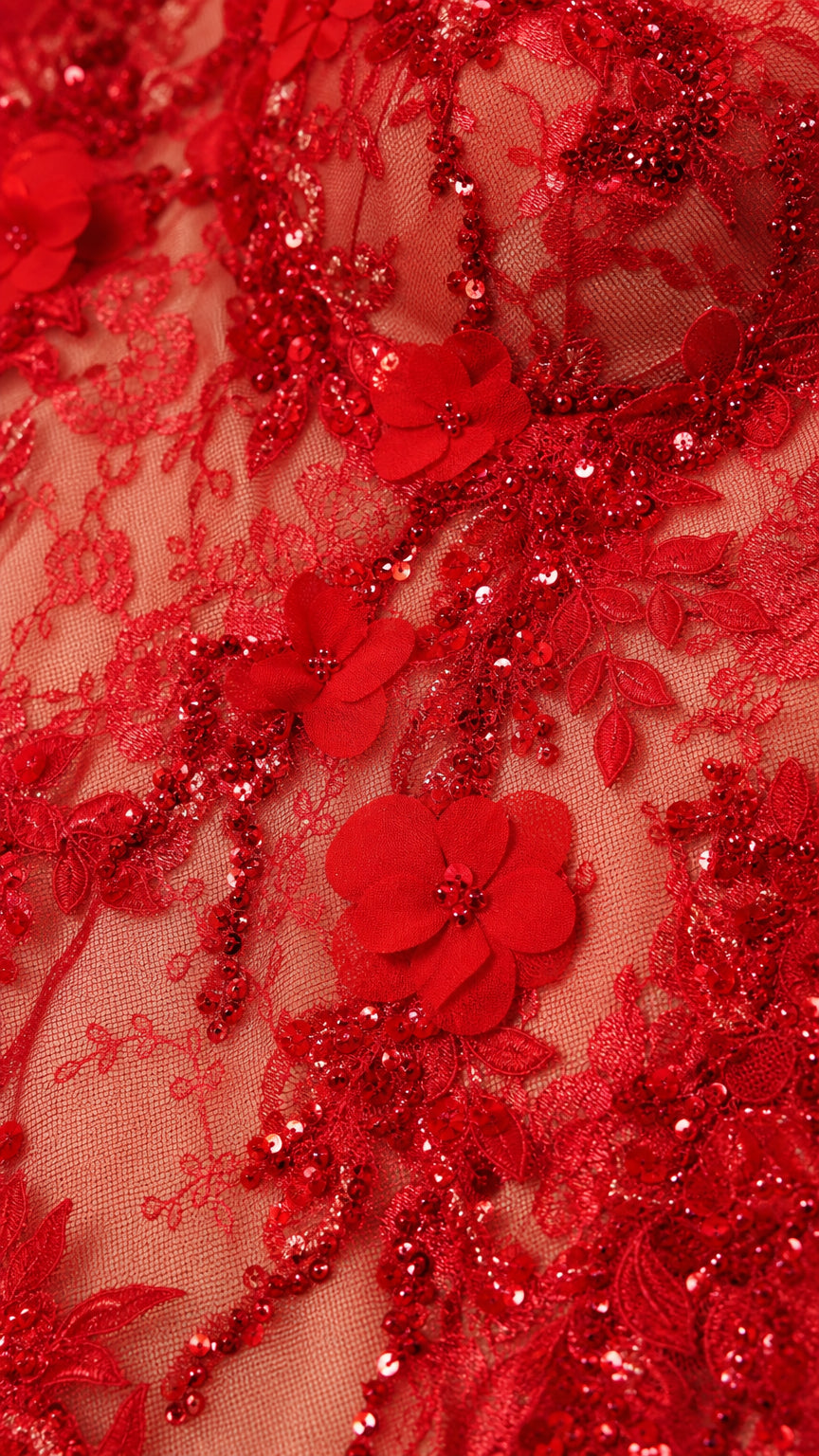 Close-up detail of red floral appliques and sequin embroidery