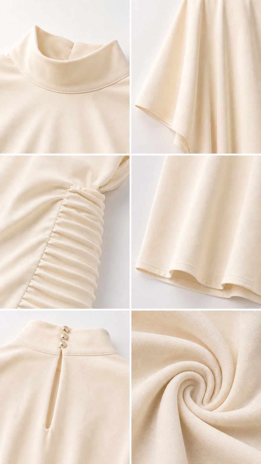 Close-up details of cream fabric, buttons, and smocked waistband