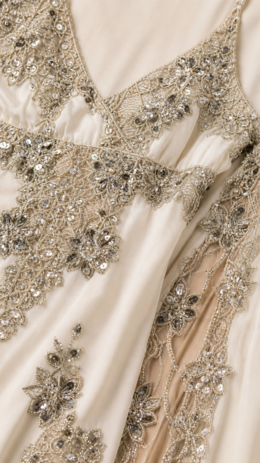 Close-up of intricate metallic bead and floral embroidery
