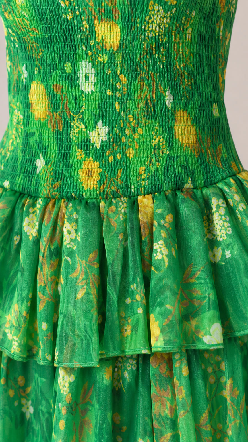 Close-up detail of smocked bodice and tiered ruffles