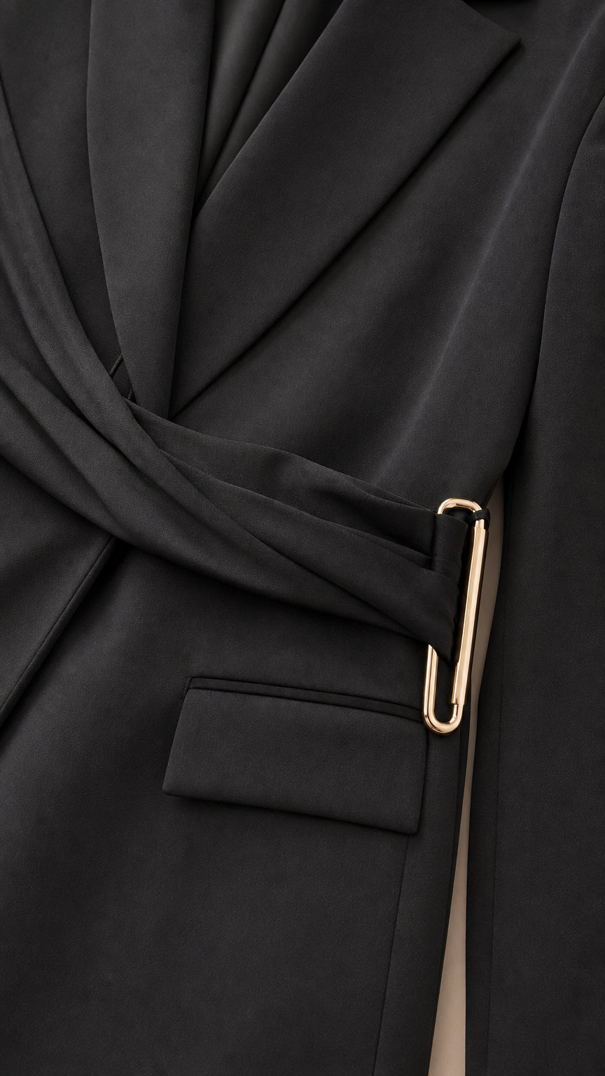 Close-up of wrap waist detail and metallic clasp on black blazer