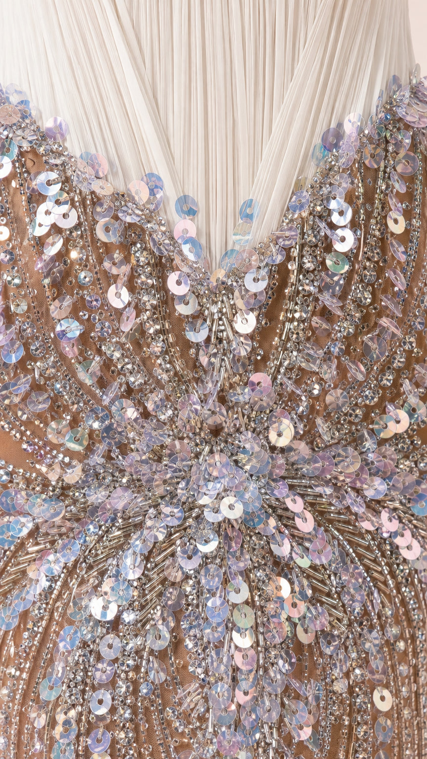 Close-up detail of sequin and bead embroidery on the gown