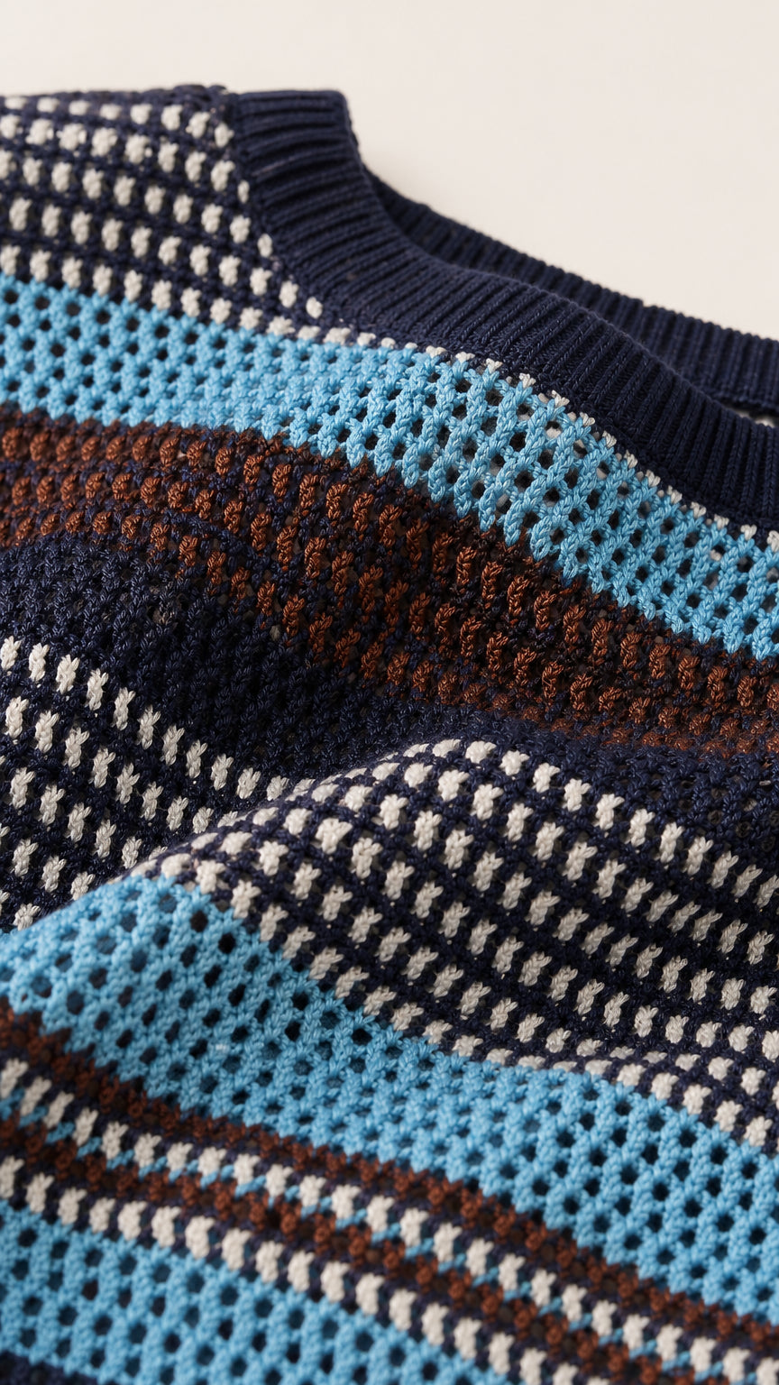Close-up detail of the open-weave knit fabric and stripes