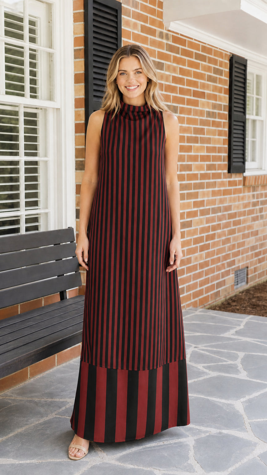 Woman wearing black and rust striped maxi dress