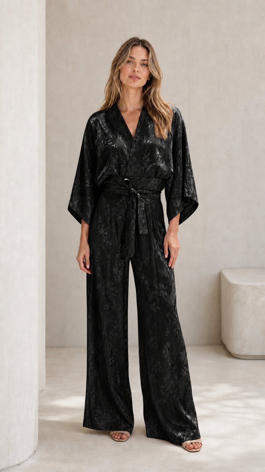 Woman wearing black floral jacquard satin jumpsuit