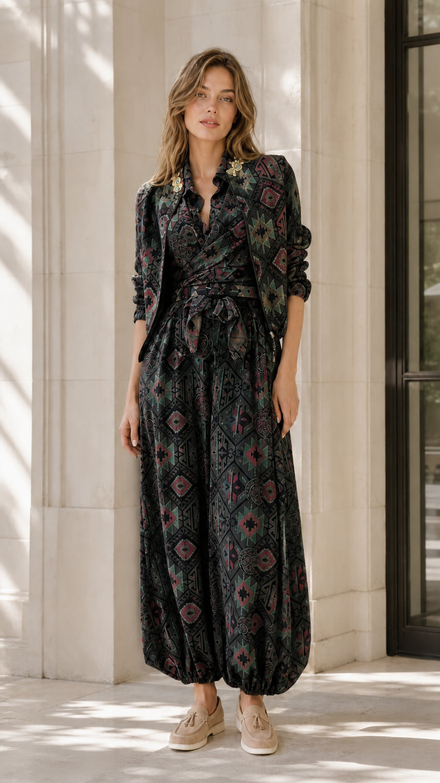 Model wearing black geometric print shirt and jumpsuit set