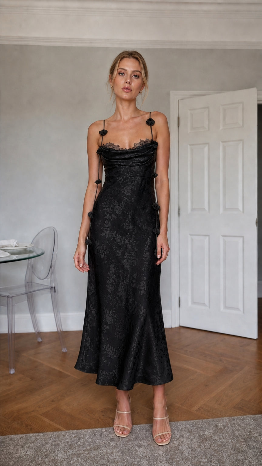 Black satin floral midi dress front view