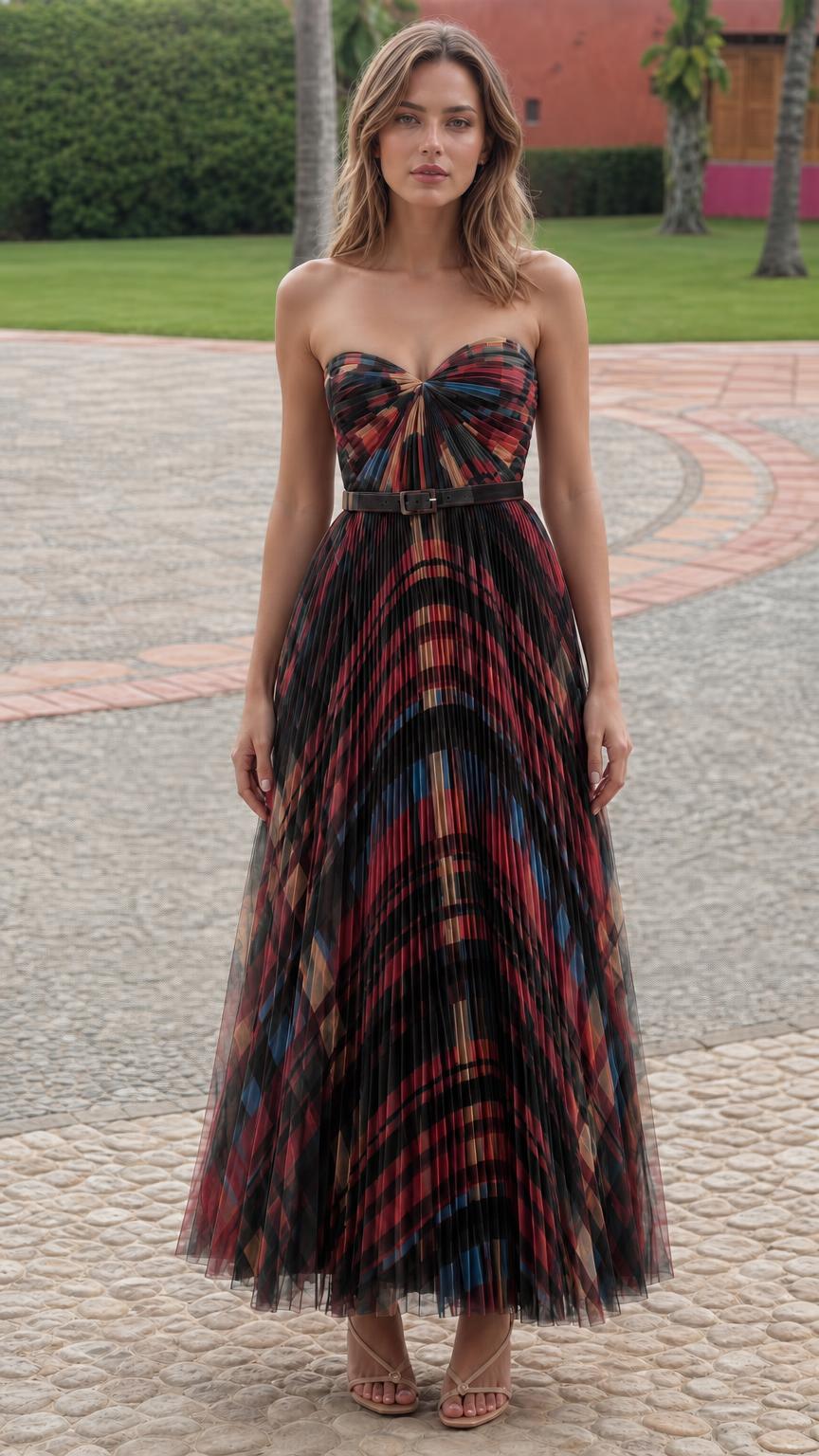 Model wearing black patterned pleated strapless maxi dress
