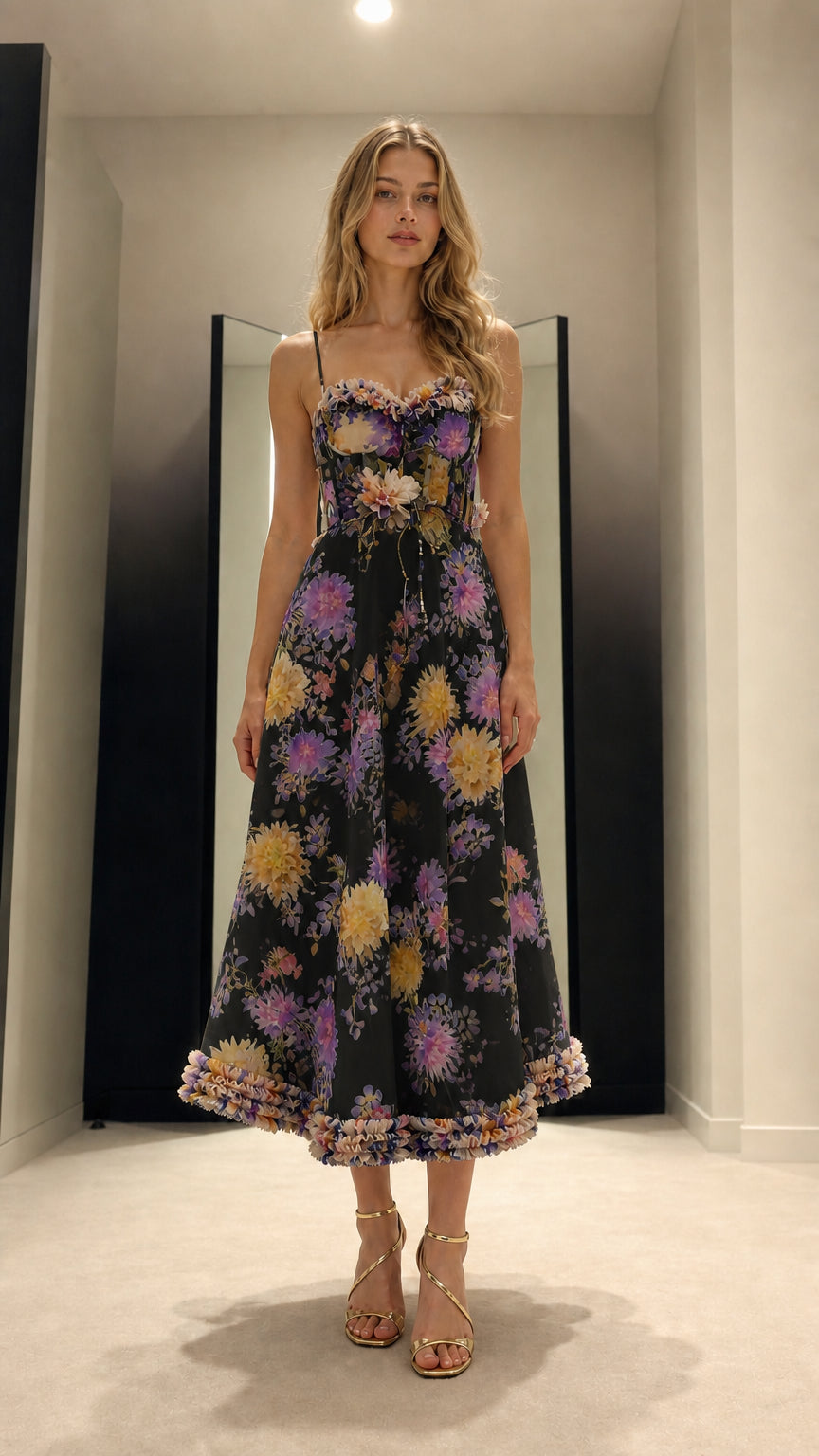 Full front view of black floral corset midi dress