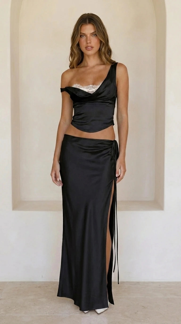 Front view of black satin two-piece set