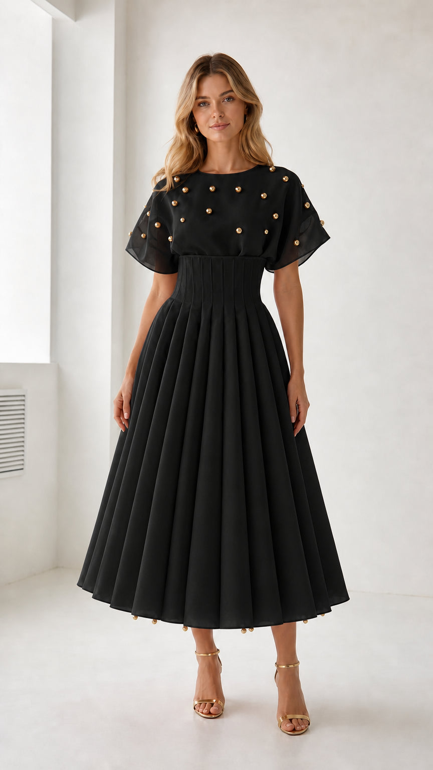 Model wearing black color variant of the pleated midi dress