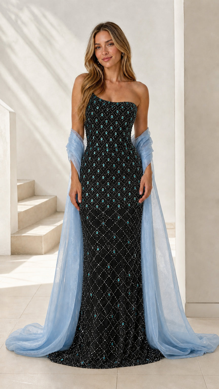 Front view of black variant beaded evening gown